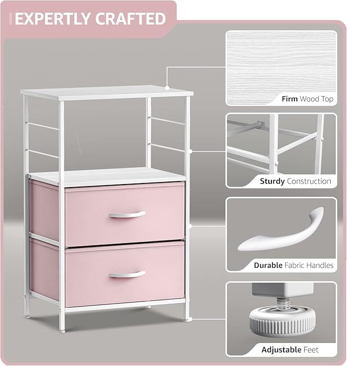 Sorbus 2 Drawer Shelf Storage Nightstand - Kids Bedside Furniture End Table Night Stand with Steel Frame Wood Top & Easy Pull Fabric Bins, Dresser & Chest for Home Bedroom Accessories Office & College