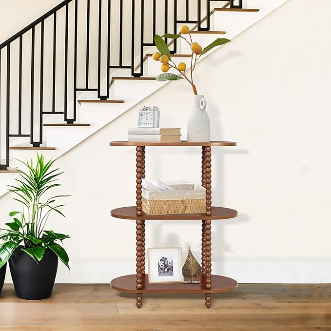 Sofa Table, 3-Tier Oval Narrow Side Table with Storage Shelves, Console Table for Entryway, Hallway, Living Room and Bedroom, Walnut