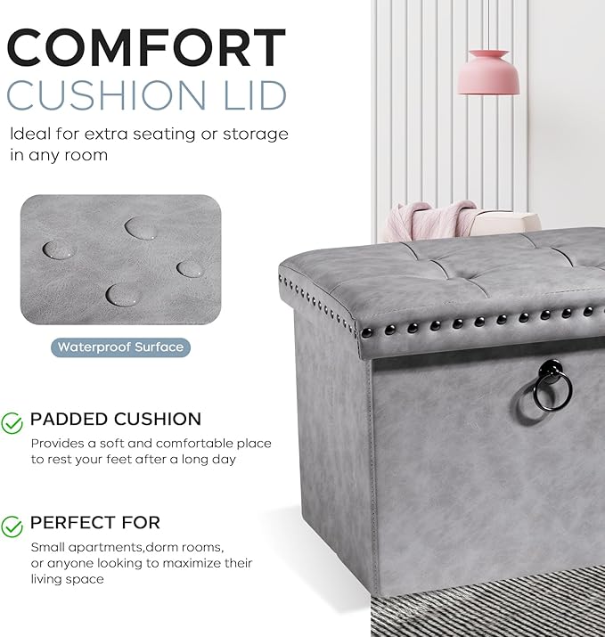 Storage Ottoman Cube 16in, Small Faux Leather Tuffed Foot Rest Stool with Rivet Design, Foldable Ottomans Footstool, Box Chest for Bedroom, Entryway, 16x12x12inches Grey, Load 242 lb, Grey