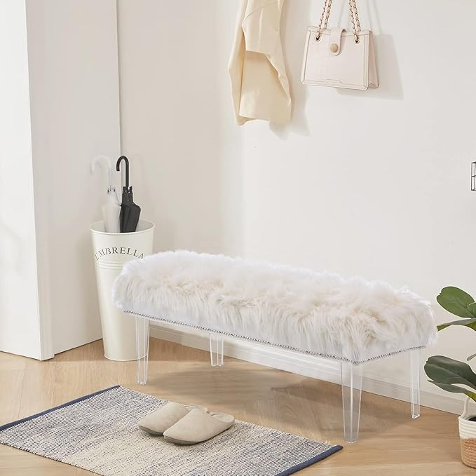 Modern White Faux Fur Ottoman Bench - Upholstered Furry Bench with Acrylic Legs for Bedroom, Living Room, Entryway, Vanity or Bed End