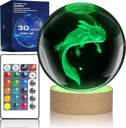 Axolotl Night Light,3.15 inch 3D K9 Crystal Ball Axolotl Lamp with Wooden Base,16 Colors Change,Remote Control,Color Box,Birthday Christmas Gift