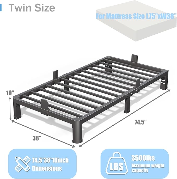 10 inch Twin Bed Frame with Rounded Corner Legs and Headboard Hole Mattress Slide Stopper Low Profile Heavy Duty Support Metal Platform,No Box Spring Needed,Noise Free,Easy Assembly