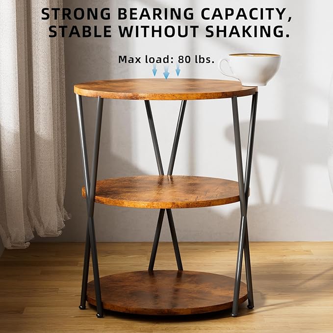 Big Side Table, 3-Tier Large Size Round End Table with X-Leg Design, Nightstand Bedside Table for Living Room, Bedroom, Drink Table Coffee Table for Patio, Indoor Outdoor Use, 16.5''x16.5''x22.8''