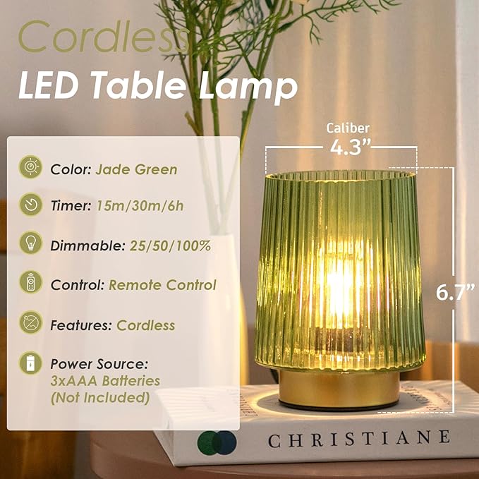 Dorm Battery Operated Lamp with Remote Control for New Home Decor,Cordless Dimmable Brightness Small Decorative Lamp with Timer for Shelf/Entryway/Corner/Patio/Small Spaces (Forest Green)