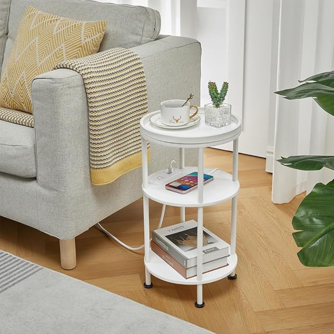 Small Round End Table with Charging Station, 3-Tier Accent Couch Beside Table with USB Ports & Power Outlets, Sofa Side Table for Living Room Small Nightstand Bedroom (USB Charger, White)