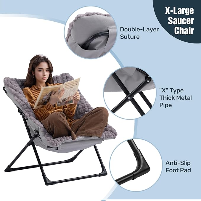 HollyHOME X-Large Saucer Chair with Foldable Ottoman, Comfy Oversized Folding Chair and Folding Footrest Stool Set, Faux-Fur Reading Chair and Footstool for Living Room, Blue&Grey Chair&Stool