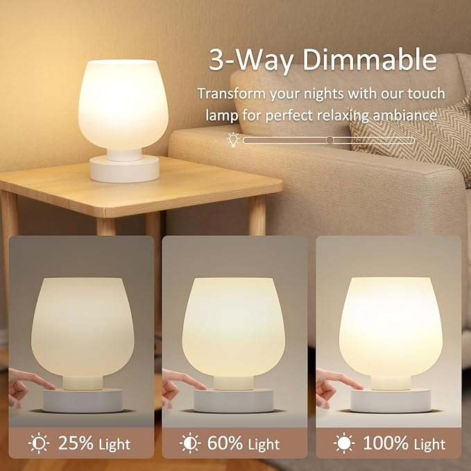 Touch Table Lamp for Nightstand - Small Bedside Lamp for Bedroom Living Room Night Stands, Desk Lamp with White Glass Shade for Small Spaces, 3 Way Dimmable, LED Bulbs, Gifts