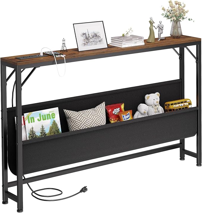 47.2'' Skinny Console Table with Charging Station and Storage, Narrow Sofa Table with Power Outlets and USB Ports, Behind Couch Table, for Living Room, Foyer, Entryway, Hallway, Rustic Brown