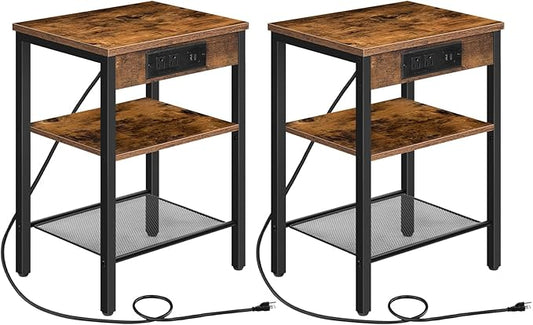 HOOBRO End Tables Set of 2 with Charging Station and USB Port, 3-Tier Nightstands with Adjustable Shelf, Small Side Tables for Small Space in Living Room, Bedroom, Rustic Brown BF112BZP201