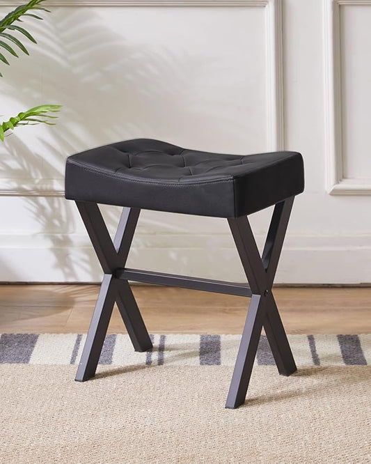 IBUYKE U-Shaped PU Vanity Stool, Square Makeup Chair with X-Leg, Ottoman Seat Footrest Stool, Multi-Use as Small Side Table, for Bedroom, Living Room, Black WBD019B