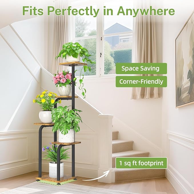 iDavosic.ly Tall Plant Stand Indoor, 4 Tier Corner Multiple Flower Holder Shelf with Wooden Trays, Space Saving Display Rack for Living Room Balcony Patio Porch Outdoor | Black & Brown