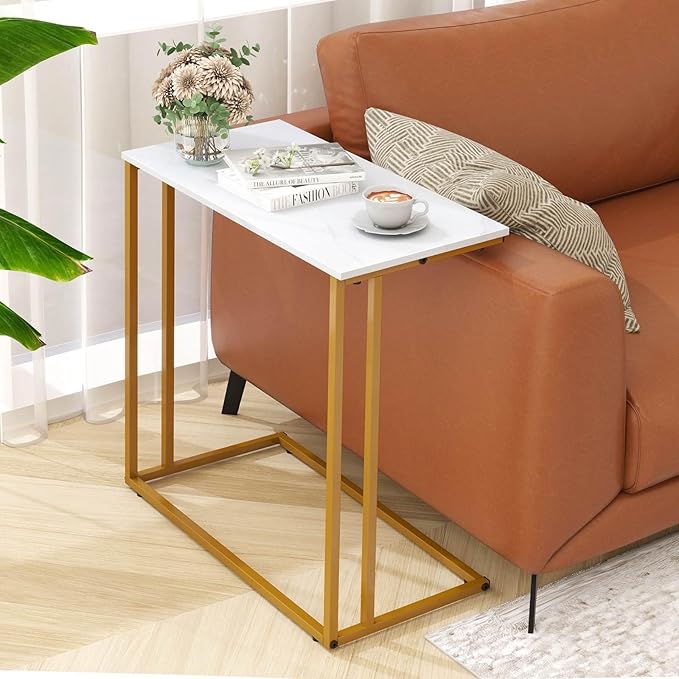 C-Shaped Side Table, Modern End Table with Metal Frame, Space Saving Design for Living Room，Large Surface Couch Table for Bedroom, and Home Office，24 x 12 x 24 inches (Marble White)