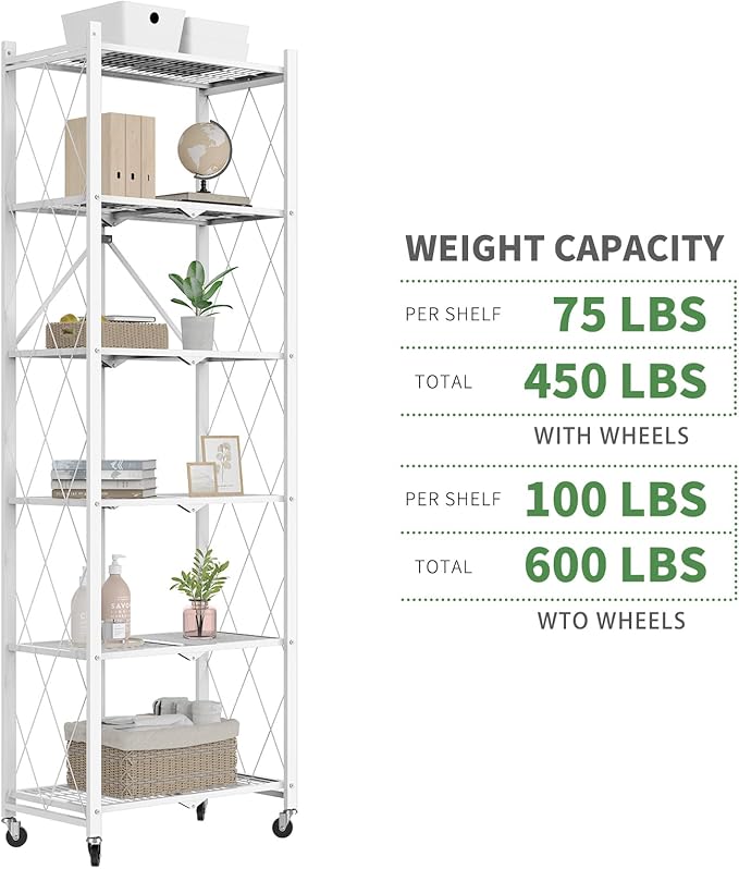 72" H 6 Tier Foldable Storage Shelf with Wheels, Folding Shelving Loads 600 LBS, Metal Steel Garage Shelves, Rolling Standing Utility Rack for Kitchen, Pantry, Office, White