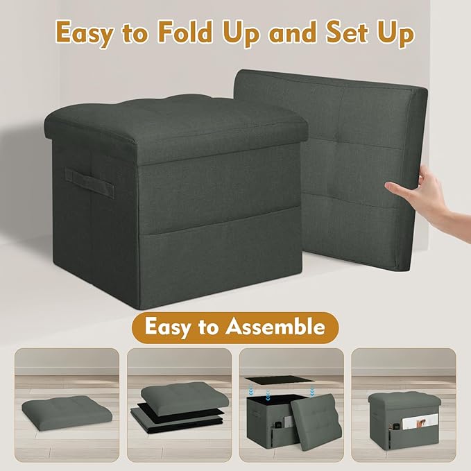 Small Ottoman with Storage, Foldable Ottoman Foot Rest Stool with Thicker Foam Padded Seat. Linen Storage Bench for Bedroom Living Room, Holds Up to 300 lbs, 17x13x13IN(Black Green)