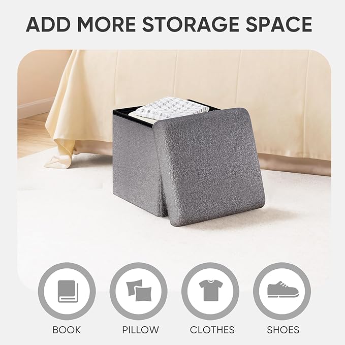 PINPLUS Storage Ottoman Cube Square Shaped Ottomans with Storage Foot Stool Footrest for Lving Room Boucle Ottoman Seat for Dorm Room,Faux Teddy Fur Grey,11.8"x11.8"x11.8"