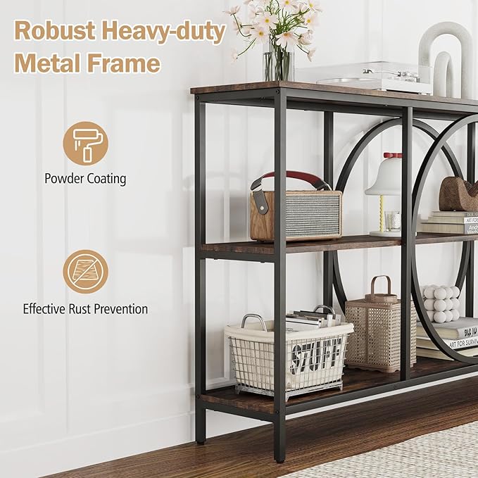 Giantex Narrow Long Console Table, 3-Tier Entryway Table with Faux Wood Grain Top&Heavy-Duty Metal Frame, Mid-Century Accent Sofa Tables with Open Storage Shelves for Living Room, Hallway(Brown+Black)