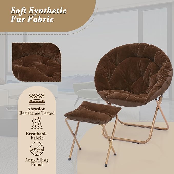 Athena Collection Saucer Chair with Ottoman Comfy Chair for Bed Room Living Room Folding Round Cozy Chair Faux Fur Metal Frame Foldable Lazy Chair Accent Chair Reading Chair Set of 2, Brown