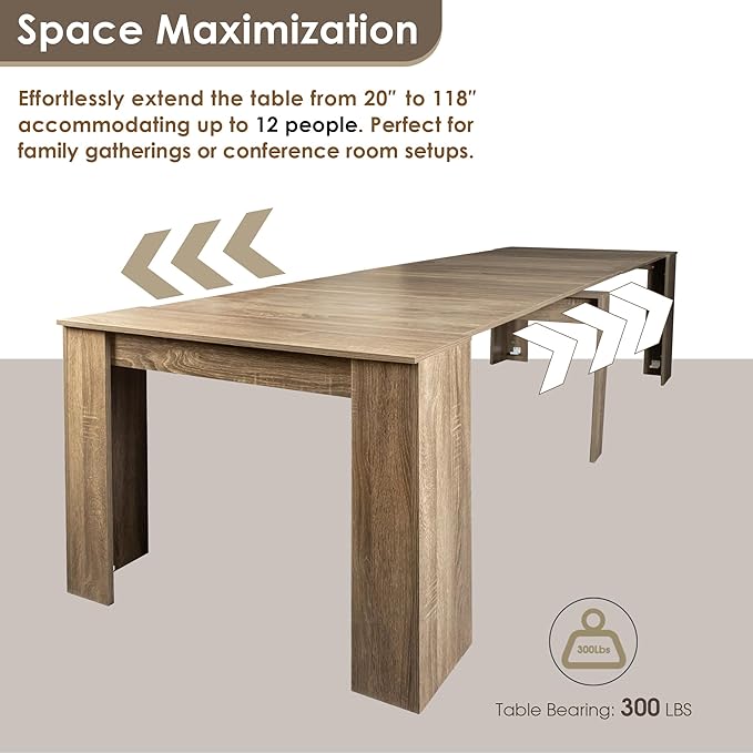 DMAITH 20"-118" Extendable Dining Table for 2-12 People, Modern Modular Extension Table, Space-Saving Extra Long Folding Dining Table, Multifunctional Conference Meeting Table, Oak