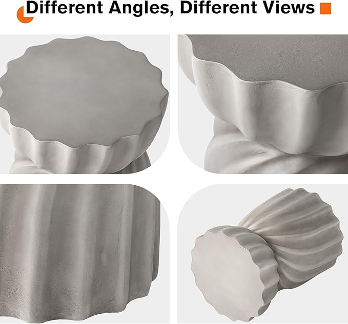 HOMPUS Unique Outdoor Concrete Side Table, Garden Stool, Round Patio MgO End Table, Lightweight Small Accent Table for Indoor Outdoor Use, Patio, Garden, Backyard, Natural Grey