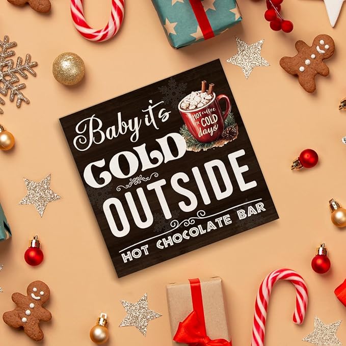 Hot Chocolate Bar Christmas Decorations - Winter Christmas Decor, Hot Cocoa Bar Wooden Sign, Home Kitchen Decor for Desk Table Shelf 5 X 5 Inches