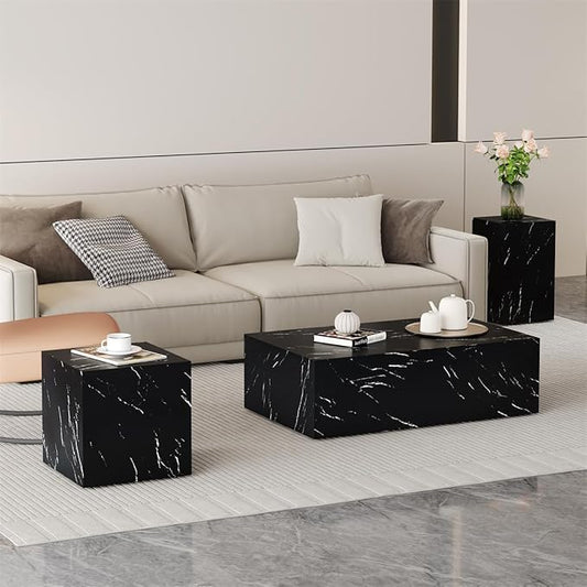 Coffee Table Set for 3, Living Room Table Set, Black Faux Marble Coffee Table and Side Table, Modern Coffee Table Set, Center Table Set, No Assembly Required - Ready to Use