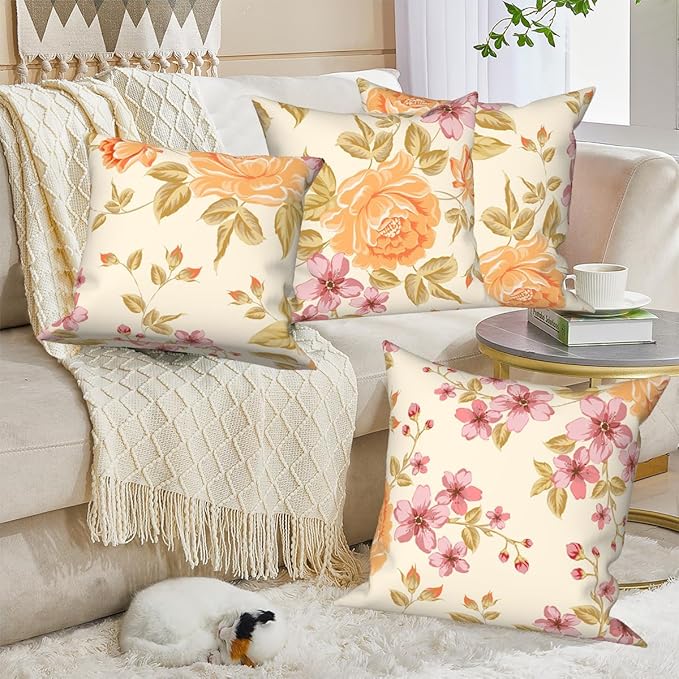 Spring Flower Pillow Covers 26"x26" Set of 4, Vintage Yellow Floral Pillowcases Countryside Cushion Cases for Chair Sofa Bed Living Room Garden Car Indoor Outdoor Party Home Decoration