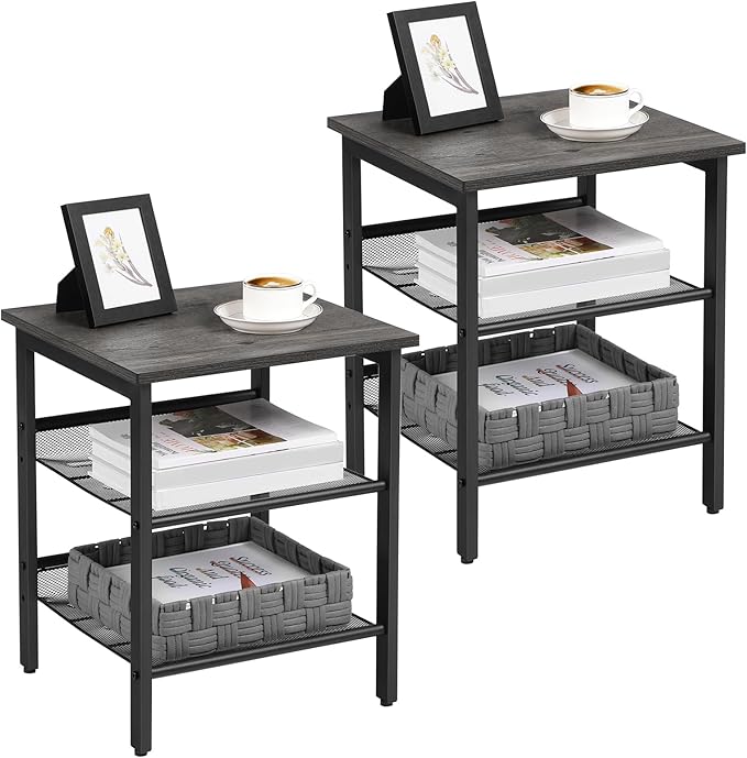VASAGLE Nightstand, Set of 2 Side Tables, End Tables with Adjustable Mesh Shelves, for Living Room, Bedroom, Industrial, Stable Steel Frame, Easy Assembly, Charcoal Gray and Black ULET024B04