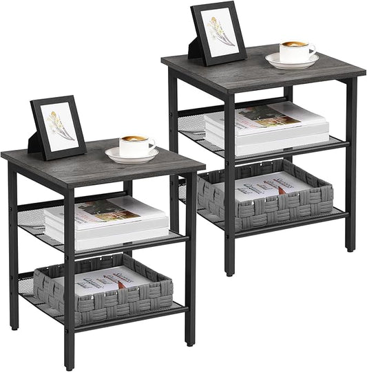 VASAGLE Nightstand, Set of 2 Side Tables, End Tables with Adjustable Mesh Shelves, for Living Room, Bedroom, Industrial, Stable Steel Frame, Easy Assembly, Charcoal Gray and Black ULET024B04