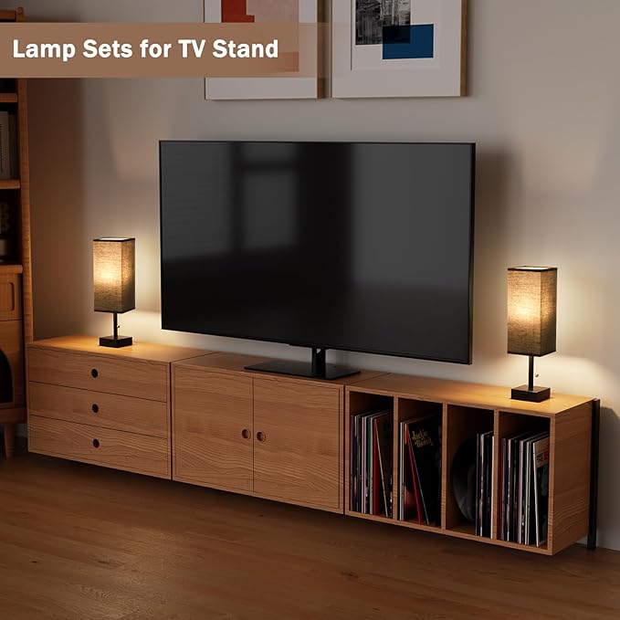 Fenmzee Black Table Lamps for Bedroom Set of 2 - Nightstand Lamp with AC Outlet Charging Port, 3 Color Temperatures Desk Light with Bulb, Small Tabletop Reading Lamp for Living Room/Dorm/Office