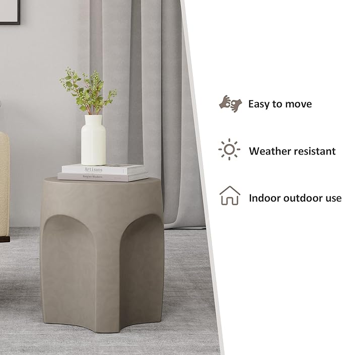 HOMPUS Outdoor Side Table w Arch Shape Set of 2, Unique Patio End Table, Round Lightweight Concrete Accent Table, Modern Vintage Garden Tool for Indoor Use, Grey