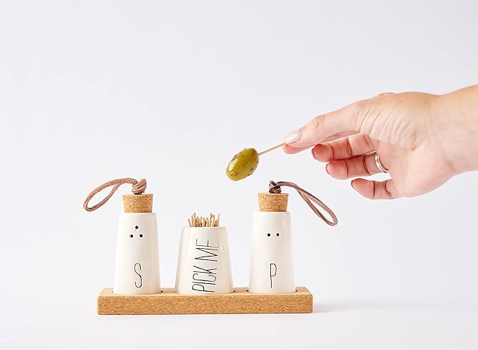 Mud Pie, Off-White Salt, Pepper & Toothpick Holder, Size: tray 2" x 6" | shakers 2 3/4" x 1 1/2" dia