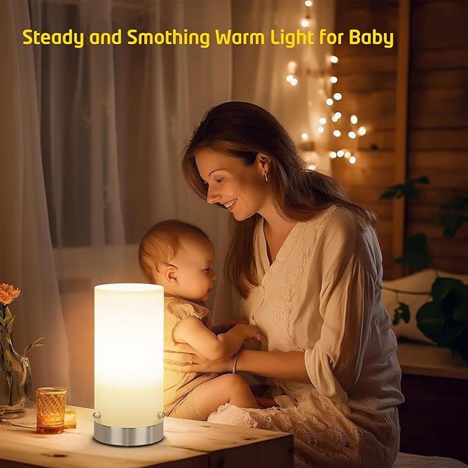 Bedside Table Lamp for Bedroom, 3 Way Dimmable Touch Control Table Lamps for Nightstand, Modern Desk Lamp with Glass Lamp Shape, 2700K 6W Bulb Included(Nickel).