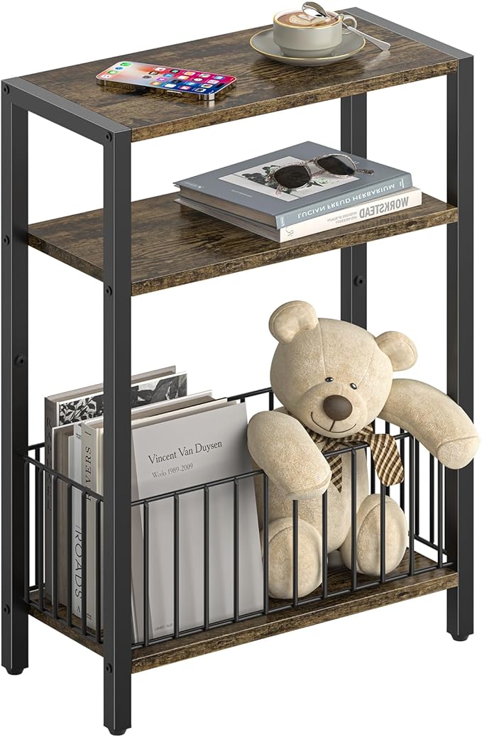 Yoobure Narrow Side Table with Storage Basket, Small End Table for Small Spaces Skinny Side Tables Living Room Bedroom, Slim Nightstand 3 Tier Bedside Table Space-Saving for Magazine, Rustic Brown