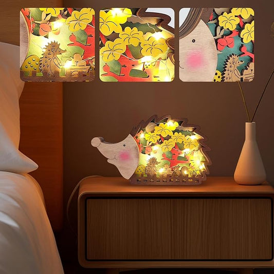 3D Wooden Carving Animals Lamp - Creative Fox Squirrel Wood Carved LED Night Light Garden Yard Wooden Animals Sculpture Ornaments Desktop Home Decor Birthday Gifts for Family Friend (Hedgehog)