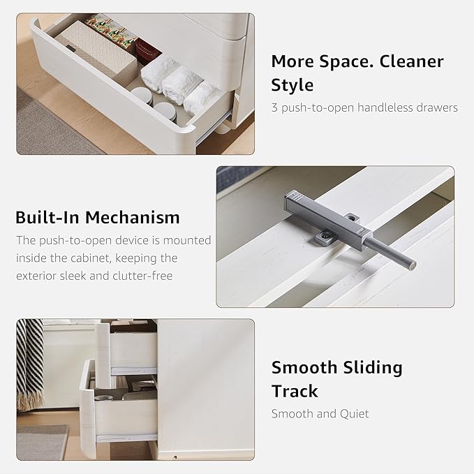 JXQTLINGMU 22" Modern Nightstand with Charging Station, Large Push-to-Open End Table, Wood Bedside Table w/Curved Profile Design, Handleless 3 Drawer Night Stand for Bedroom, Living Room, Off White