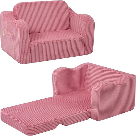 MeMoreCool Toddler Chair & Kids Couch Bed 2‑in‑1 Foldable Lounge Pink (1‑3 yrs) — Convertible Fold‑Out Seat to Sofa Bed for Toddlers, Soft Corduroy Finish, Machine‑Washable Cover, Ideal for Playrooms