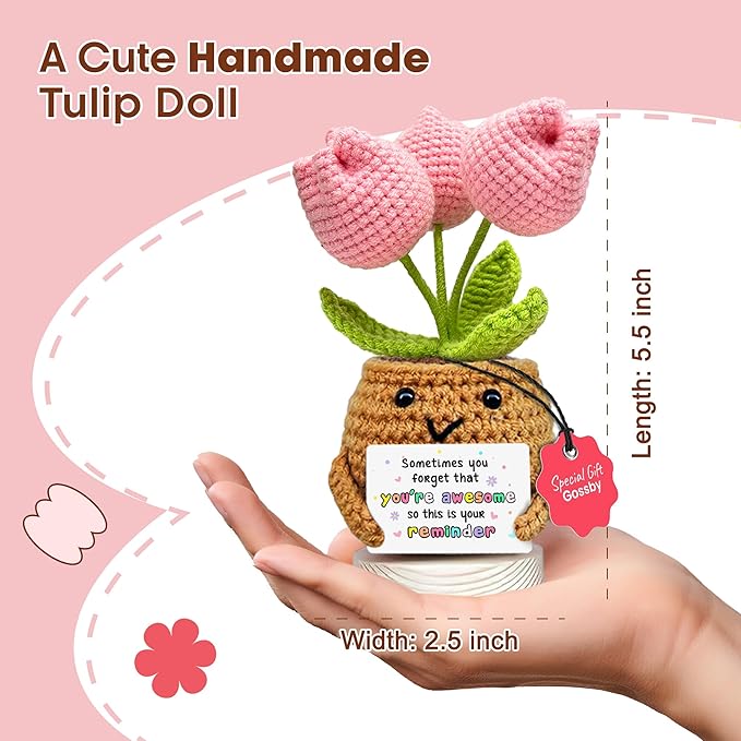 Gossby Handmade Positive Tulip Flower Crochet - Sometimes You Forget You're Awesome - Inspirational Gift for Women - Birthday, Appreciation, Positive Gift for Teacher, Mom, Friend, Coworker