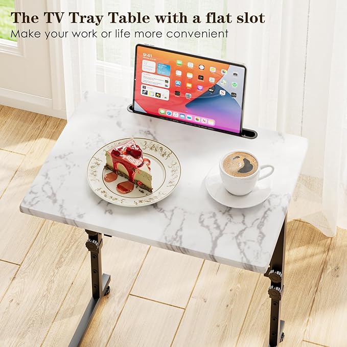 TV Tray, Folding TV Dinner Table, Adjustable Small C-Shaped End Tray for Eating, Foldable Slide Under Couch Side Table for Recliner, Living Room, Bedroom,No Assembly Required(White Marble)