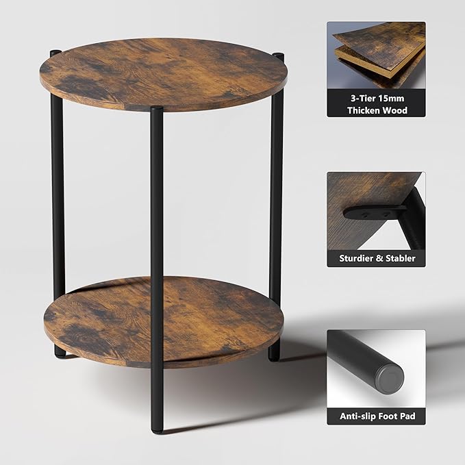 Round Side Table, 2-Tier Circle End Tables with Storage Wood Rustic 15.75" Small End Tables Farmhouse Side Table for Living Room Bedroom Balcony Small Spaces - Walnut