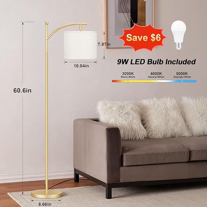 60" Floor Lamp With 3 Color Temperatures, Adjustable Beige Shade, Gold Pole - Tall Lamp for Living Room, Bedroom, Office, Classroom, Dorm - 9W Bulb Included
