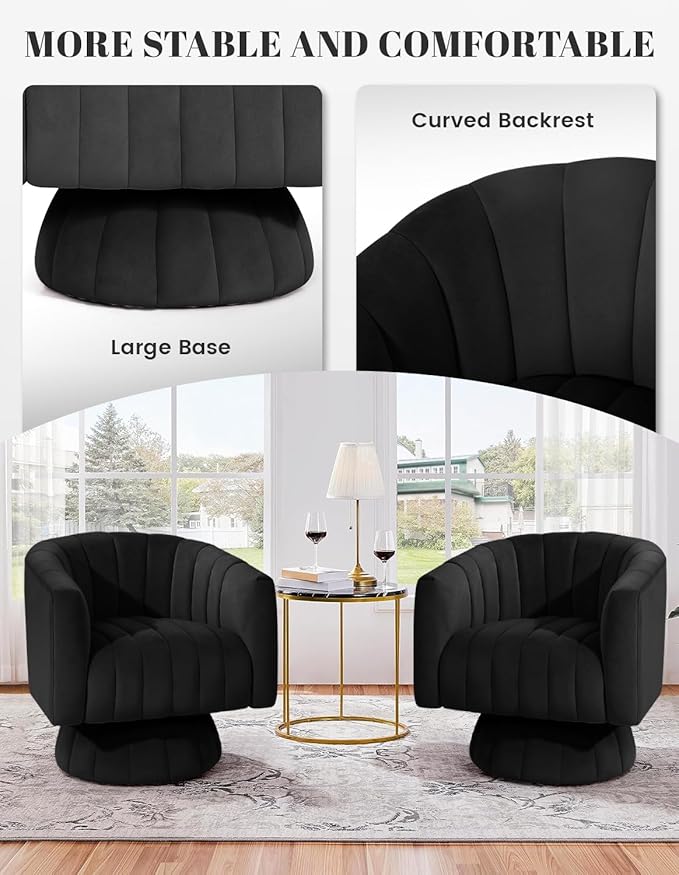 Kromax Swivel Accent Chair with Armrest, Mid Century 360 Degree Swivel Barrel Chair Overstuffed Tufted Velvet, Ideal for Living Room, Bedroom, Reading Room, Black