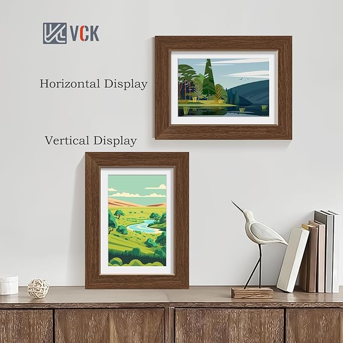 VCK 5x7 Picture Frame 5 Pack - Brown, High-End Wood Poster Frames with Tempered Glass, Display 4x6 Photo with Mat or 5x7 without Mat, Art Gallery-Quality, Wall Hanging/Tabletop, Brown