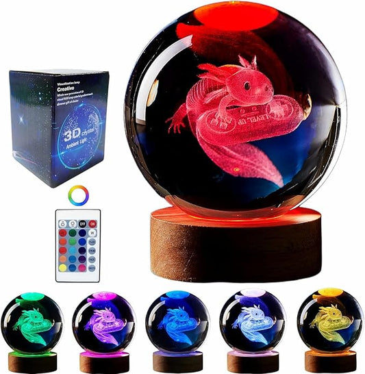 Axolotl lamp,3.15 inch 3D K9 Crystal Ball Axolotl Night Light with Wooden Base,16 Colors Change,Remote Control,Birthday Christmas Axolotl Gift