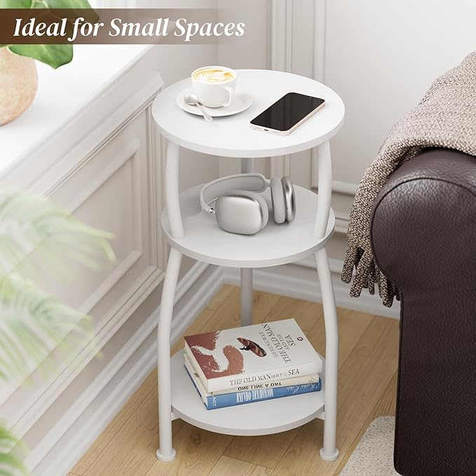 Small Round Side Table, 3-Tier End Table with Storage Shelf, Slim Sofa Table Coffee Table, Sturdy & Easy Assemble Nightstand for Small Spaces, Living Room Bedroom Corner, White