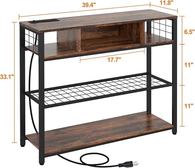 Livofloral Console Tables with Charging Station, 4 Tier Narrow Sofa Tables with Storage Shelves, Entryway Tables with Outlet and USB Ports, Behind Couch Table for Living Room Hallway, Rustic Brown