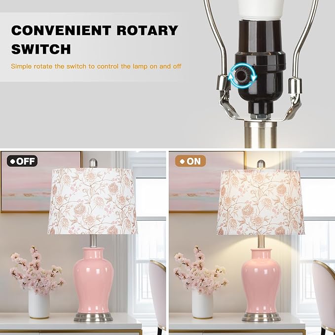 Pink Ceramic Table Lamp with Flower Lampshade, 23" Cute Ceramic Bedside Lamp with Ginger Jar Design, Modern Living Room Lamps Set 2, Elegant Bedroom Lamps for Nightstand Desk Side Home Decor