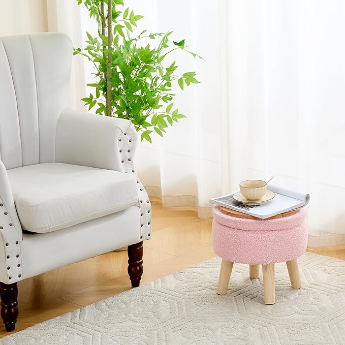 Mxfurhawa Versatile Storage Ottoman, Round Footstool with Soft Padded Seat, Small End Table with 4 Wood Legs, Teddy Velvet Foot Rest for Couch,Shoe Changing Stool for Living Room (Pink)