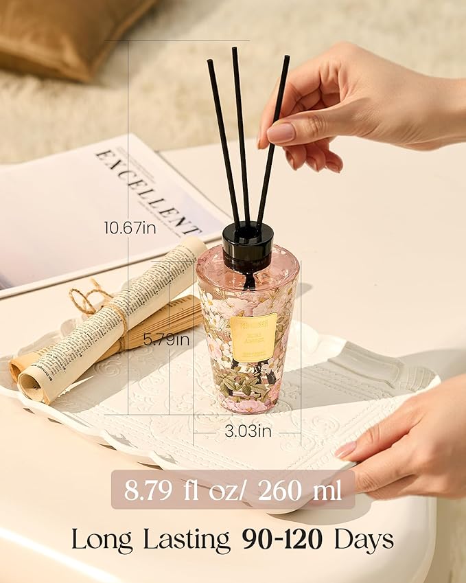 M&SENSE Rose Amber Reed Diffuser Set - 8.79fl oz Home Fragrance Non-Toxic Essential Oil Diffuser with All Natural Sticks, Air Freshner Gifts for Bathroom Bedroom Office Home Decor