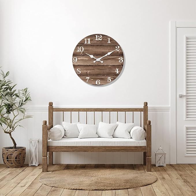 XFM Wooden Wall Clocks Battery Operated 12 Inch Brown Farmhouse Wall Clock for Kitchen Rustic Wall Clock Non Ticking (No Solid Wood, it is with MDF Material)