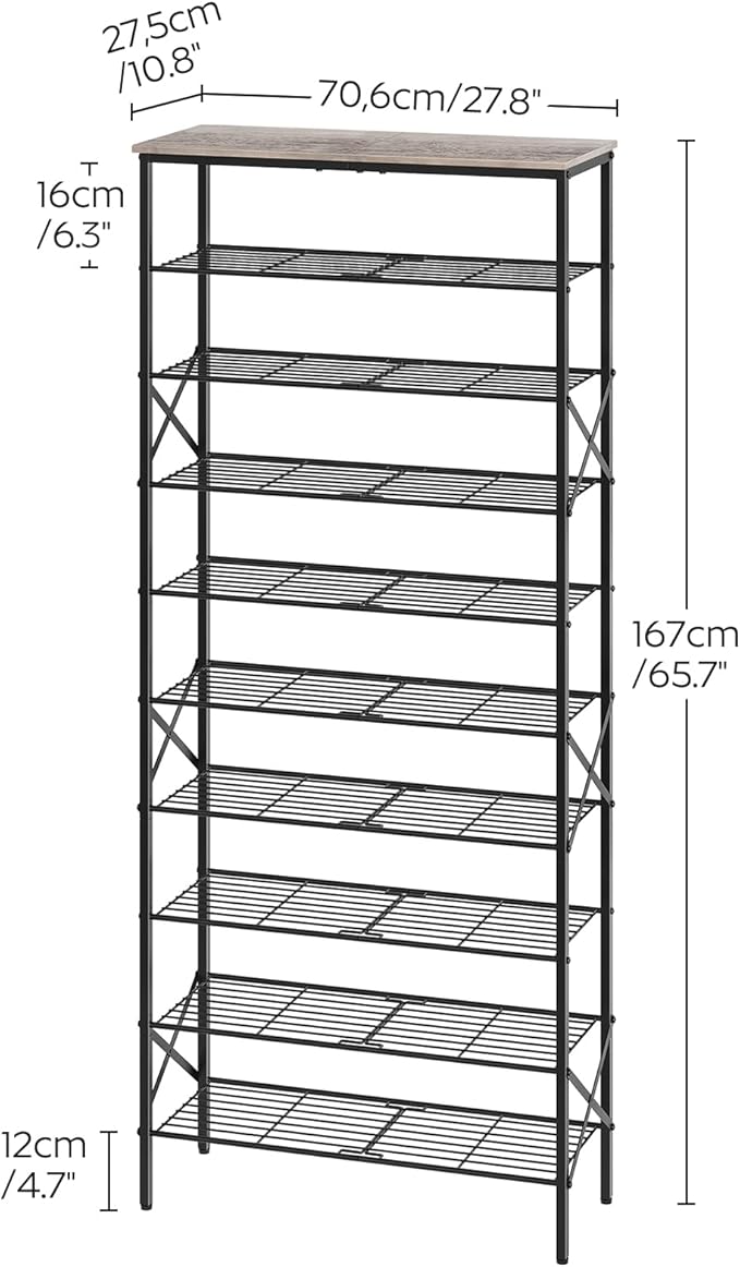 10 Tier Shoe Rack, Large Capacity Shoe Storage Organizer Holds 40 Pairs, Sturdy and Stable, for Entryway, Hallway, Closet, Dorm Room, Greige and Black SS10BG